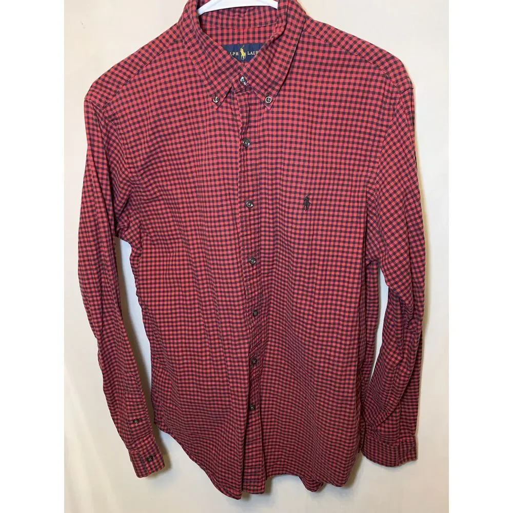 Mens M Ralph Lauren Red & Black Checkered Button Down Cotton Polo Long Sleeve‎